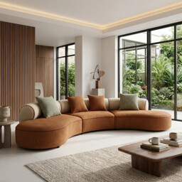 URBAN MEUBLE Semicircle Series Curved Modular Sofa — Caramel & Tweed Textured Fabric, 350 x 244 x 70 cm (1 Piece) - thumbnail 1