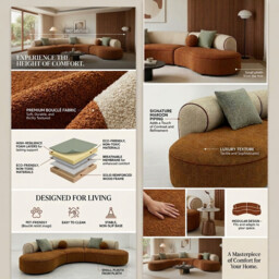 URBAN MEUBLE Semicircle Series Curved Modular Sofa — Caramel & Tweed Textured Fabric, 350 x 244 x 70 cm (1 Piece) - thumbnail 6