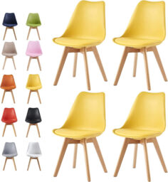 mcc direct Set of 4 Dining Chairs Wooden Legs Soft Cushion Pad Stylish Deluxe Retro Lounge Dining Office Eva (Yellow)