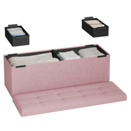 Ochama Storage Ottoman, Foldable Velvet Storage Bench, 2 Extra Storage Boxes, 38 x 110 x 38 cm, for Hallway, Living Room, Bedroom, Pink - thumbnail 6