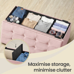 Ochama Storage Ottoman, Foldable Velvet Storage Bench, 2 Extra Storage Boxes, 38 x 110 x 38 cm, for Hallway, Living Room, Bedroom, Pink - thumbnail 7