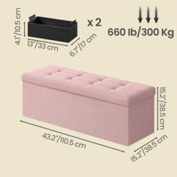 Ochama Storage Ottoman, Foldable Velvet Storage Bench, 2 Extra Storage Boxes, 38 x 110 x 38 cm, for Hallway, Living Room, Bedroom, Pink - thumbnail 5
