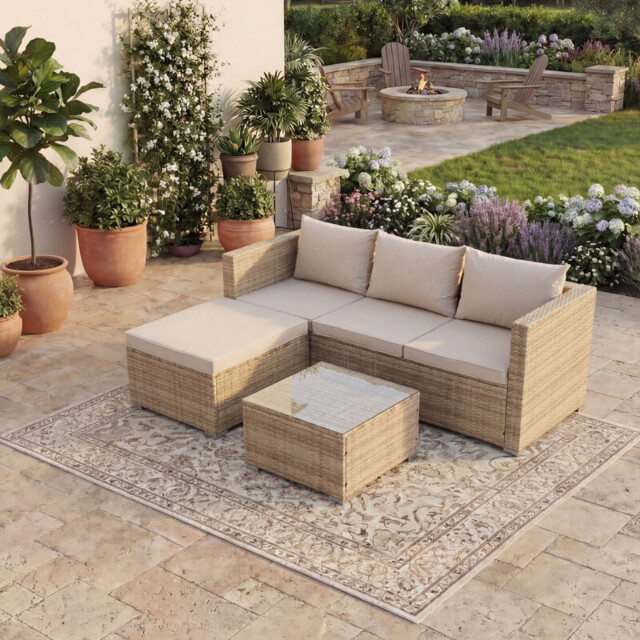 "Garden Vida Hampton 4 Seater Corner Rattan Set, Natural "