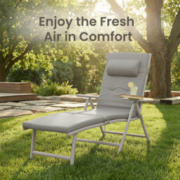 Ochama x SONGMICS Outdoor Lounge Chair, Multi-Level Adjustable Backrest, Lightweight Rust-Proof Aluminum Alloy Frame, Portable Folding Garden Chair with Padded Armrests, Full-Recline Size 60x183x97cm, Ideal for Patio, Poolside, Beach, Camping, Lawn, Grey - thumbnail 5