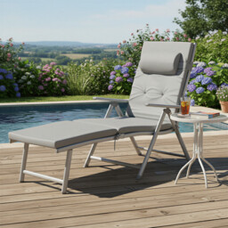Ochama x SONGMICS Outdoor Lounge Chair, Multi-Level Adjustable Backrest, Lightweight Rust-Proof Aluminum Alloy Frame, Portable Folding Garden Chair with Padded Armrests, Full-Recline Size 60x183x97cm, Ideal for Patio, Poolside, Beach, Camping, Lawn, Grey - thumbnail 7