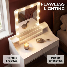 HaluPeit Dressing Table with Bulb Lights, Adjustable Brightness and Color, Vanity Table with Mirror, Vanity Desk with 2 Drawers and 2 Open Compartments, Modern, 80 cm Desktop, White - thumbnail 3