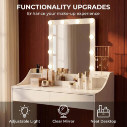 HaluPeit Dressing Table with Bulb Lights, Adjustable Brightness and Color, Vanity Table with Mirror, Vanity Desk with 2 Drawers and 2 Open Compartments, Modern, 80 cm Desktop, White - thumbnail 2