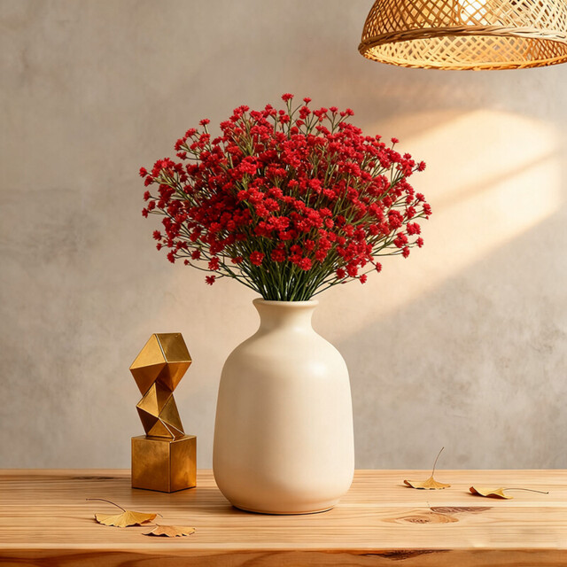 Wei's Moment 5Pcs Artificial Flowers, Fake Flowers Silk Plastic Artificial Gypsophila Realistic Flower Arrangements Wedding Decoration Table Centerpieces Red
