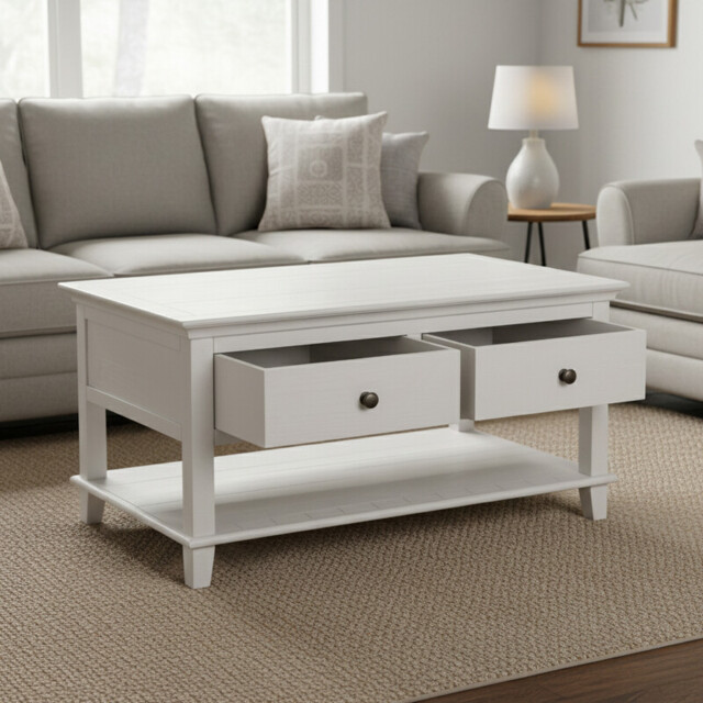 Coffee Table Provence 2 Drawers Rustic Pine White - image 1