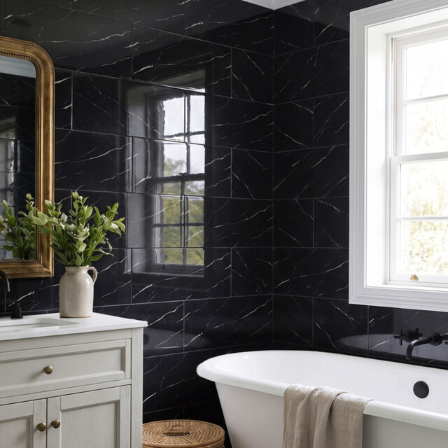 LIVINGANDHOME 10 Pcs Waterproof Marble Wall Tile Stickers, Black - image 1