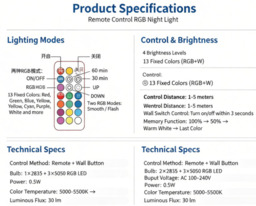 Remote control RGB night light with 13 colors, SMD LED 0.5W 110-220V, ABS+ metal, bedroom timer function for children's room - thumbnail 4