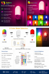Remote control RGB night light with 13 colors, SMD LED 0.5W 110-220V, ABS+ metal, bedroom timer function for children's room - thumbnail 7