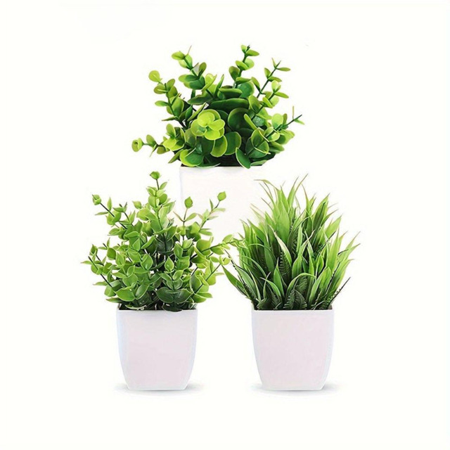 3Pcs 6.69in/17cm Artificial Plant Flowerpot Artificial Plastic Eucalyptus Plant Wheat Grass Shrub Plant Indoor Desk Coffee Table Bathroom Bedroom Home Decoration - image 1