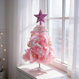 2T Pink Hinged Artificial Holiday Small Mini Christmas Tree for Tabletop,Home, Office, Indoor and Outdoor Holiday Decoration,Easy Assembly Metal Hinges & Foldable Base - thumbnail 3