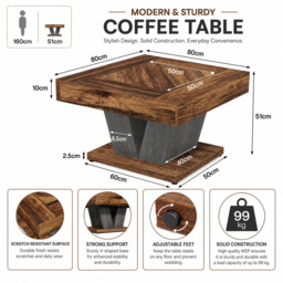 LANTINE 80cm Coffee Table, Wood Center Table for Living Room, Square Modern Cocktail Tea Accent Table, Rustic Brown & Black - thumbnail 1