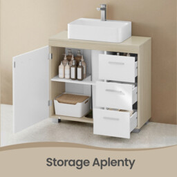 Ochama  Bathroom Storage Unit with Drawers, Under Sink Cabinet with Compartments and Feet, for Pedestal Basins, White and Beige - thumbnail 4