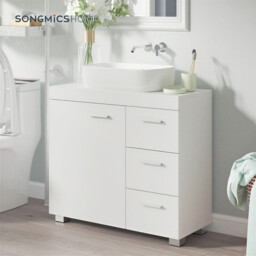 Ochama Under Sink Bathroom Cabinet, Matte White, 30 x 70 x 63.8 cm – Storage Unit with Feet, 3 Drawers and 2 Compartments Behind the Door, for Washbasins with Pedestal - thumbnail 4