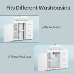 Ochama Under Sink Bathroom Cabinet, Matte White, 30 x 70 x 63.8 cm – Storage Unit with Feet, 3 Drawers and 2 Compartments Behind the Door, for Washbasins with Pedestal - thumbnail 3