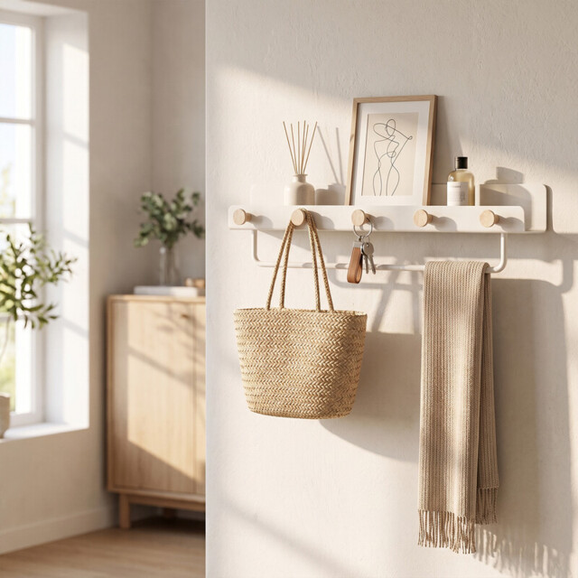 kapanou Floating Shelves with Lip, Coat Hooks & Towel Rack, Natural Wood Grain Wall Shelf for Bathroom, Bedroom, Living Room (White) - image 1