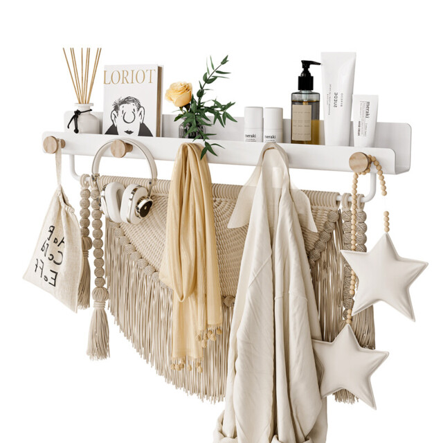 KAPANOU Floating Shelves with Lip, Coat Hooks & Towel Rack, Natural Wood Grain Wall Shelf for Bathroom, Bedroom, Living Room (White), New Year Sale , Top gift picks - image 1