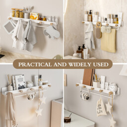 KAPANOU Floating Shelves with Lip， Coat Hooks & Towel Rack， Natural Wood Grain Wall Shelf for Bathroom， Bedroom， Living Room (White), New Year Sale , Top gift picks - thumbnail 2