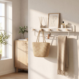kapanou Floating Shelves with Lip, Coat Hooks & Towel Rack, Natural Wood Grain Wall Shelf for Bathroom, Bedroom, Living Room (White) - thumbnail 1