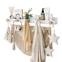 KAPANOU Floating Shelves with Lip， Coat Hooks &amp Towel Rack， Natural Wood Grain Wall Shelf for Bathroom， Bedroom， Living Room (White), New Year Sale , Top gift picks