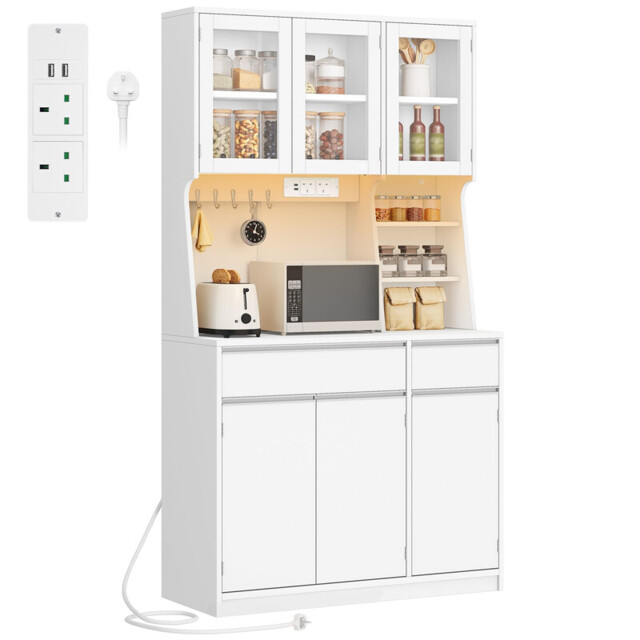 HaluPeit Kitchen Cupboard with LED & Power Outlet, Tall Kitchen Cabinet with Countertop & 2 Drawers, Sideboard Storage Cabinet, Adjustable Shelves, for Dining Room, 40 x 100 x 180 cm, White - image 1