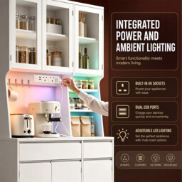 HaluPeit Kitchen Cupboard with LED & Power Outlet, Tall Kitchen Cabinet with Countertop & 2 Drawers, Sideboard Storage Cabinet, Adjustable Shelves, for Dining Room, 40 x 100 x 180 cm, White - thumbnail 3