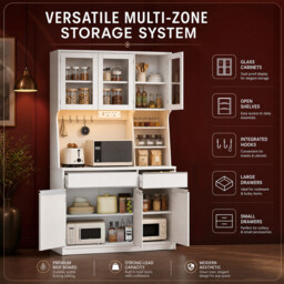 HaluPeit Kitchen Cupboard with LED & Power Outlet, Tall Kitchen Cabinet with Countertop & 2 Drawers, Sideboard Storage Cabinet, Adjustable Shelves, for Dining Room, 40 x 100 x 180 cm, White - thumbnail 6