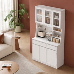 HaluPeit Kitchen Cupboard with LED & Power Outlet, Tall Kitchen Cabinet with Countertop & 2 Drawers, Sideboard Storage Cabinet, Adjustable Shelves, for Dining Room, 40 x 100 x 180 cm, White - thumbnail 4