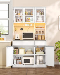 HaluPeit Kitchen Cupboard with LED & Power Outlet, Tall Kitchen Cabinet with Countertop & 2 Drawers, Sideboard Storage Cabinet, Adjustable Shelves, for Dining Room, 40 x 100 x 180 cm, White - thumbnail 2