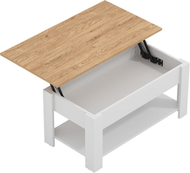 Galano Brixburn Lift Up Coffee Table with Hidden Storage & Shelf, Modern 2-Tier Space Saving Living Room Centre Table, Engineered Wood, White Oak Finish, 89.5 x 49.5 x 40 cm - image 1