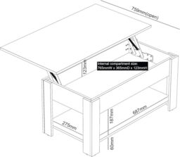 Galano Brixburn Lift Up Coffee Table with Hidden Storage & Shelf, Modern 2-Tier Space Saving Living Room Centre Table, Engineered Wood, White Oak Finish, 89.5 x 49.5 x 40 cm - thumbnail 3