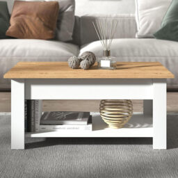 Galano Brixburn Lift Up Coffee Table with Hidden Storage & Shelf, Modern 2-Tier Space Saving Living Room Centre Table, Engineered Wood, White Oak Finish, 89.5 x 49.5 x 40 cm - thumbnail 4