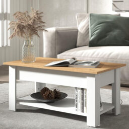 Galano Brixburn Lift Up Coffee Table with Hidden Storage & Shelf, Modern 2-Tier Space Saving Living Room Centre Table, Engineered Wood, White Oak Finish, 89.5 x 49.5 x 40 cm - thumbnail 6