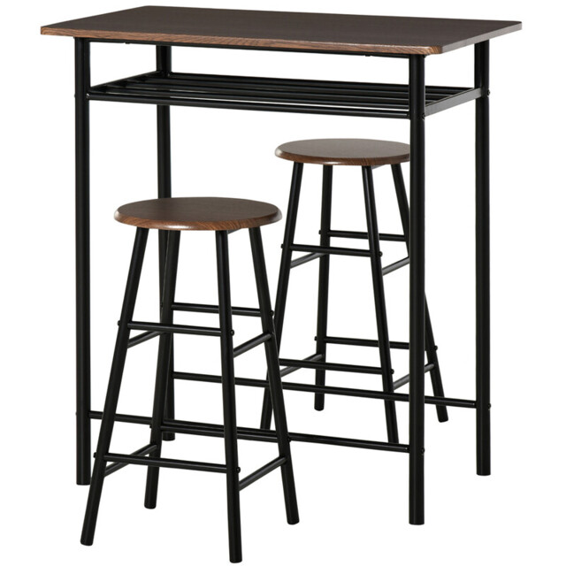 HOMCOM Bar Table & 2 Stools Set Compact Black/Walnut - image 1