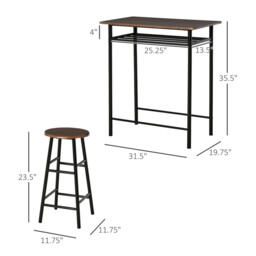 HOMCOM Bar Table & 2 Stools Set Compact Black/Walnut - thumbnail 2