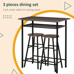 HOMCOM Bar Table & 2 Stools Set Compact Black/Walnut - thumbnail 3