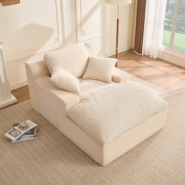 160 cm Chaise Lounge Chair, Boneless Couch, Set of Sofa bed Floor Lounge Sofa with Movable Pillows & Side Pockets, Cloud Couch with Armrests for Living Room, No Assembly Required, Beige - image 1