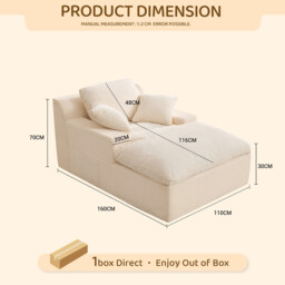 160 cm Chaise Lounge Chair, Boneless Couch, Set of Sofa bed Floor Lounge Sofa with Movable Pillows & Side Pockets, Cloud Couch with Armrests for Living Room, No Assembly Required, Beige - thumbnail 3