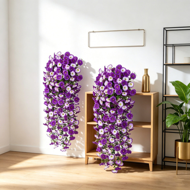 4Pcs 30in Artificial Hanging Plants for Outdoor Patio, Realistic Silk Petunia Faux Flowers in Mix Purple, Perfect Porch Decoration - image 1