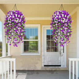 4Pcs 30in Artificial Hanging Plants for Outdoor Patio, Realistic Silk Petunia Faux Flowers in Mix Purple, Perfect Porch Decoration - thumbnail 6