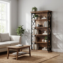 LANTINE 5-Tier Bookshelf, 180 cm Industrial-Style Bookshelf/Cabinet, Floorstanding 5-Tier Display & Storage Shelf, Tall Bookshelf for Home Office, Living Room, Bedroom, Brown & Black - thumbnail 4