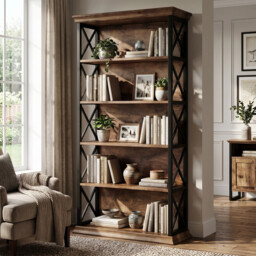 LANTINE 5-Tier Bookshelf, 180 cm Industrial-Style Bookshelf/Cabinet, Floorstanding 5-Tier Display & Storage Shelf, Tall Bookshelf for Home Office, Living Room, Bedroom, Brown & Black - thumbnail 7