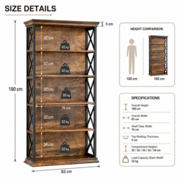 LANTINE 5-Tier Bookshelf, 180 cm Industrial-Style Bookshelf/Cabinet, Floorstanding 5-Tier Display & Storage Shelf, Tall Bookshelf for Home Office, Living Room, Bedroom, Brown & Black - thumbnail 3