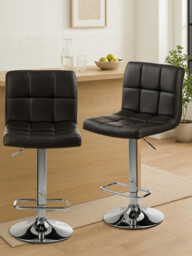 Interiors by Premier Bar Stool Adjustable Baina Quilted Faux Leather Black/Chrome 2pcs - thumbnail 1
