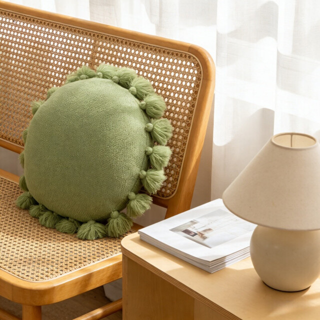 MEROPE, Acrylic Fringed Round Cushion, 45x45cm, green, 1pack - image 1