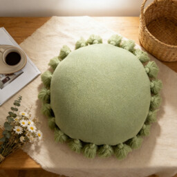 MEROPE, Acrylic Fringed Round Cushion, 45x45cm, green, 1pack - thumbnail 3