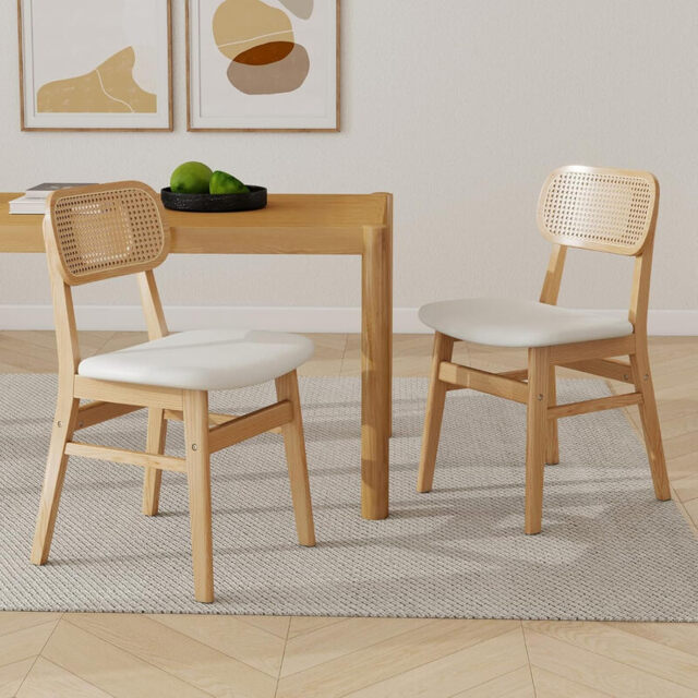 chairus Rattan Dining Chairs Set of 2 Kitchen Side Chairs with Wood Legs for Dining Room, PU Leather White - image 1